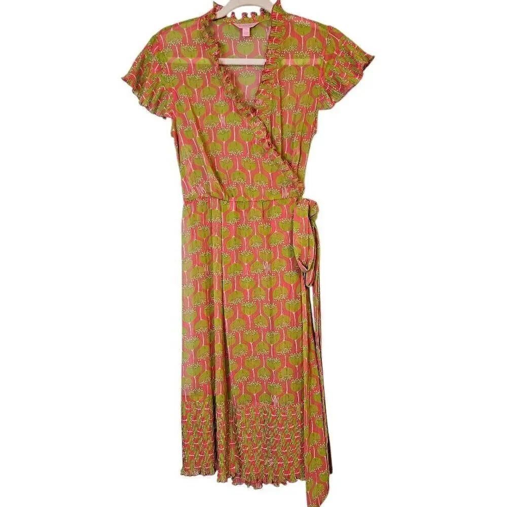 Lilly Pulitzer sheer wrap dress, green/pink. Size 10.